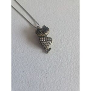 Aeropostale Owl Pendant Necklace Clear Rhinestone Pave Black Eyes 17-20 in Long